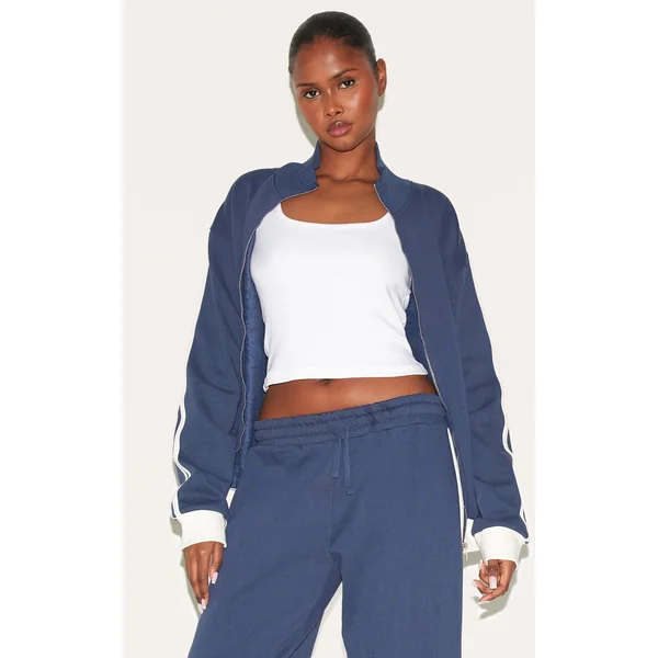 Navy Premium Side Stripe Contrast Zip Through Sweatshirt