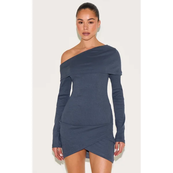 Navy Rib Bardot Wrap Mini Dress