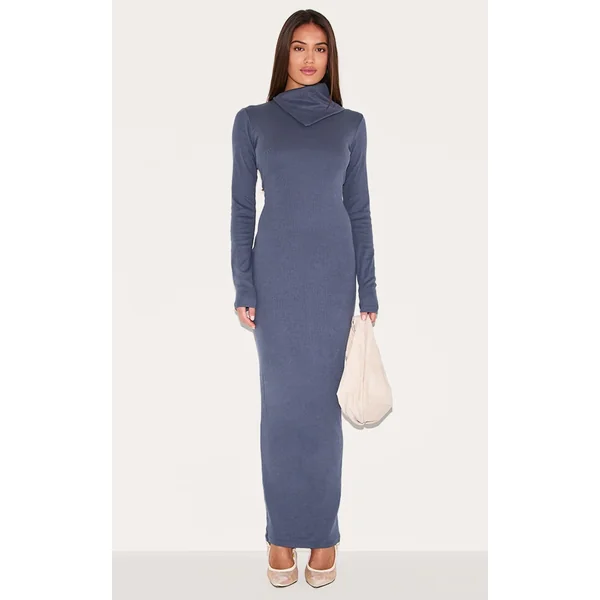 Navy Rib Oversized Collar Maxi Dress