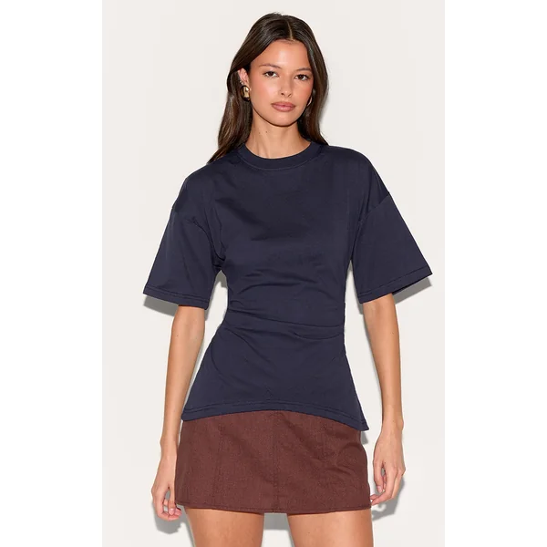 Navy Ruched Side Detail T Shirt