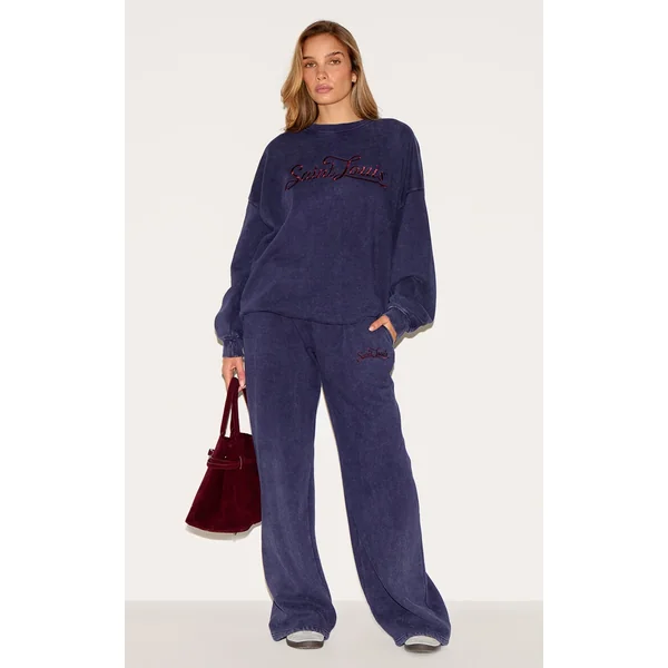 Navy Saint Louis Embroidered Wide Leg Sweatpants