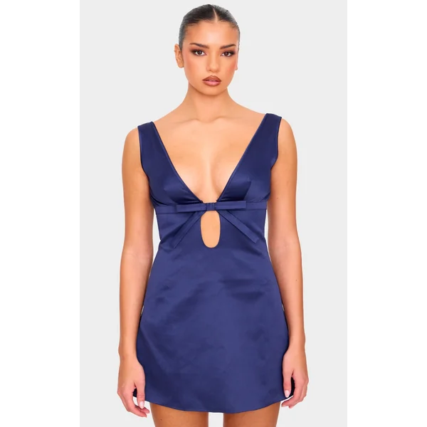 Navy Satin Bow Detail A-line Dress