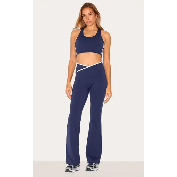 Navy Sculpt Binding Wrap Contrast Waist Yoga Pants