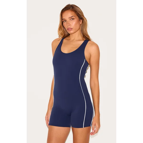 Navy Sculpt Contrast Binding Scoop Neck Unitard