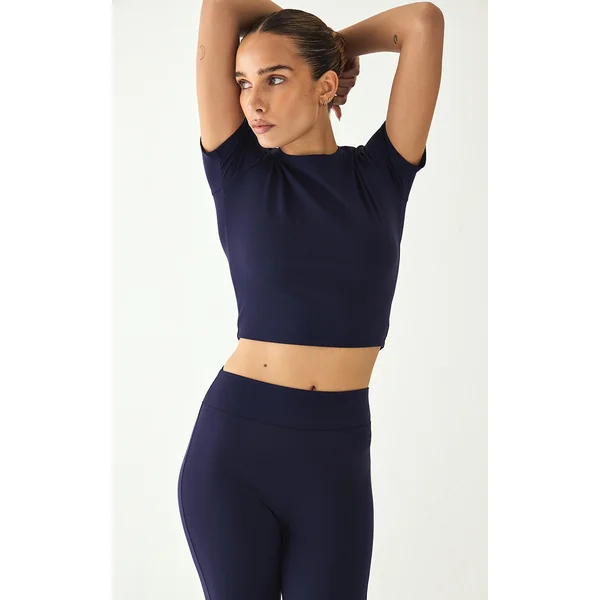 Navy Sculpt Short Sleeve Crop Gym Top