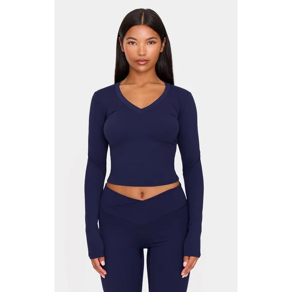 Navy Sculpt V Neck Long Sleeve Top