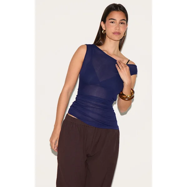 Navy Sheer Soft Touch Cowl Neck Long Vest Top