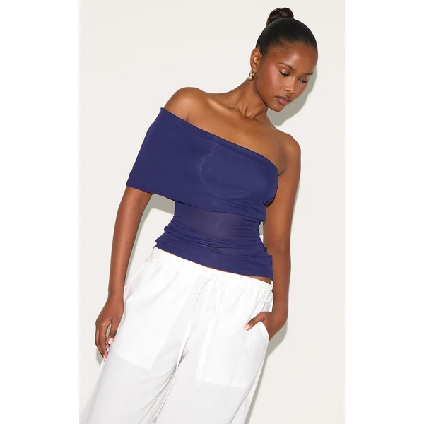Navy Sheer Soft Touch Fold Over Detail One Shoulder Long Top