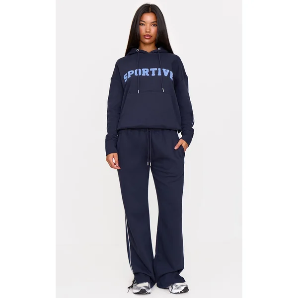 Navy Side Stripe Zip Up Hem Wide Leg Sweatpants