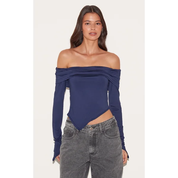 Navy Slinky Bardot Asymmetric Long Top