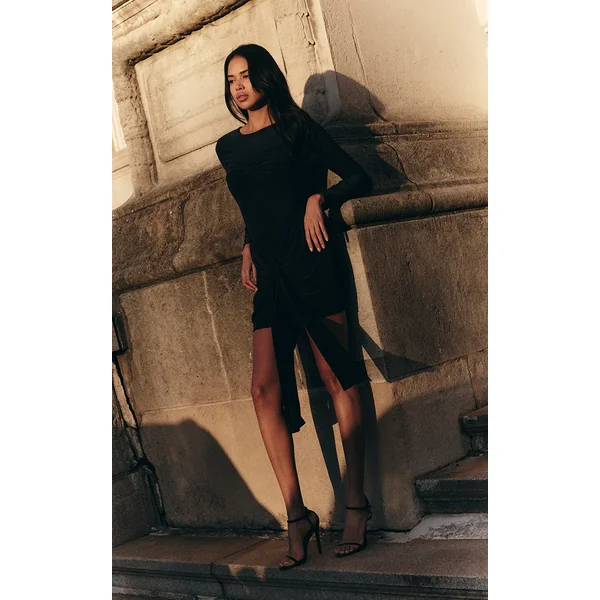 Navy Slinky Long Sleeve Wrap Bust Twist Detail Mini Dress