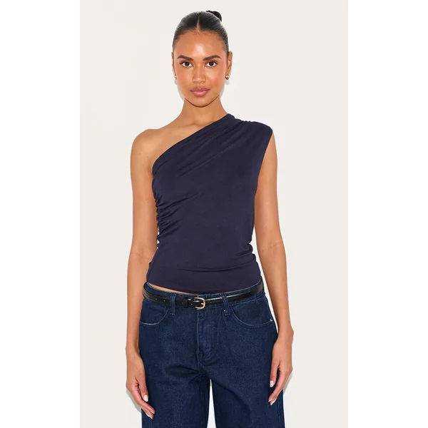 Navy Soft Cotton Asymmetric One Shoulder Long Top