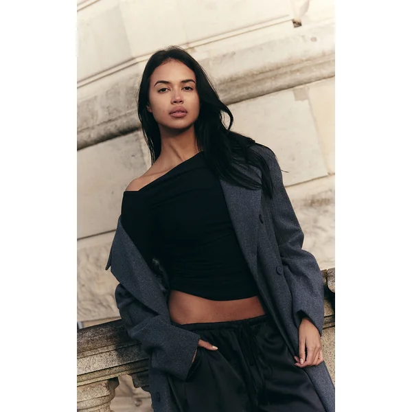 Navy Soft Touch Asymmetric Detail Long Sleeve Top