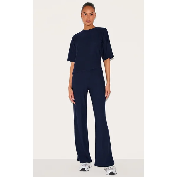 Navy Soft Touch Mid Rise Wide Leg Pants