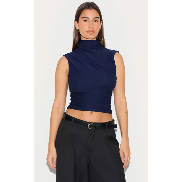 Navy Soft Touch Ruched Detail Long Top