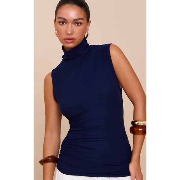 Navy Soft Touch Ruched Side High Neck Top