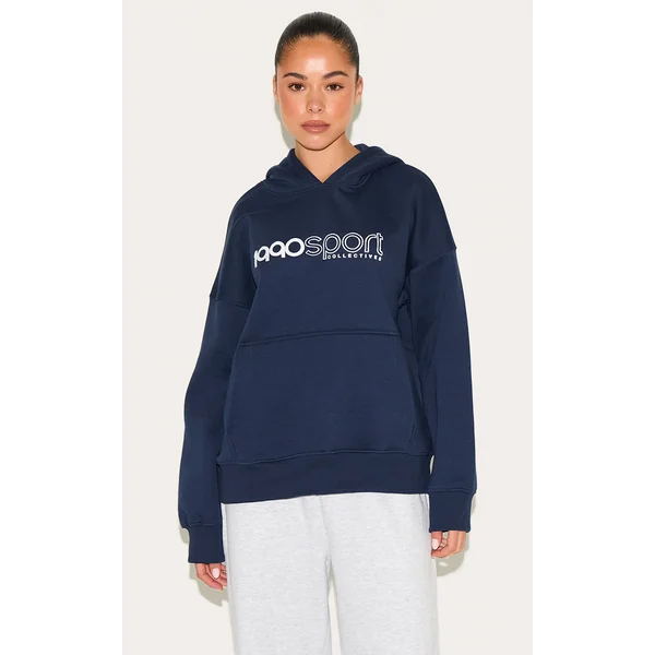 Navy Sports Puff Print Oversize Hoodie
