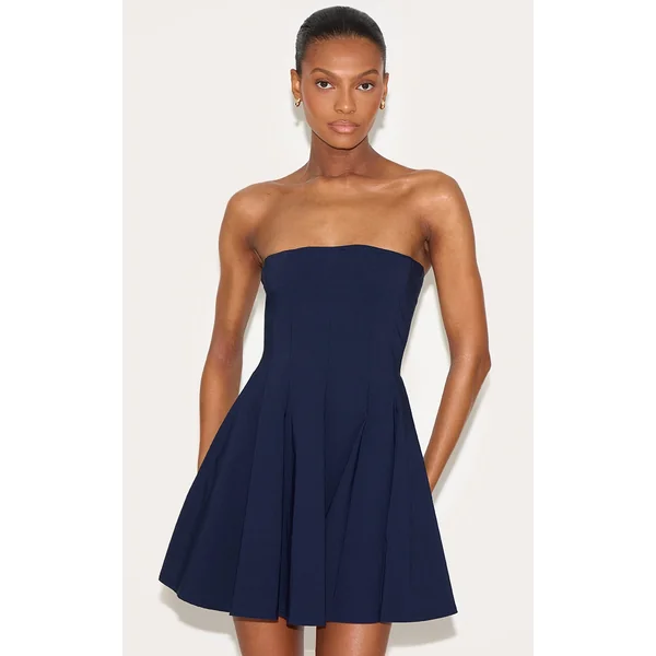 Navy Stretch Woven Bandeau Pleated Shift Dress
