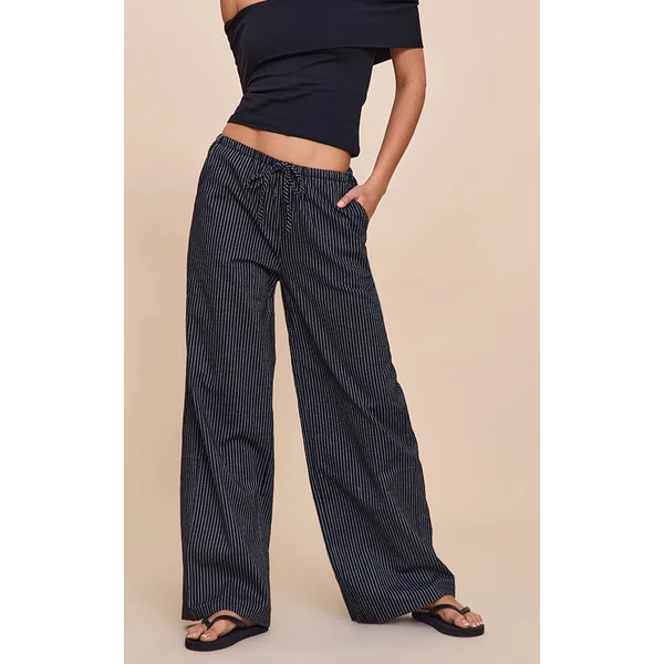 Navy Stripe Cotton Drawstring Mid Rise Pants