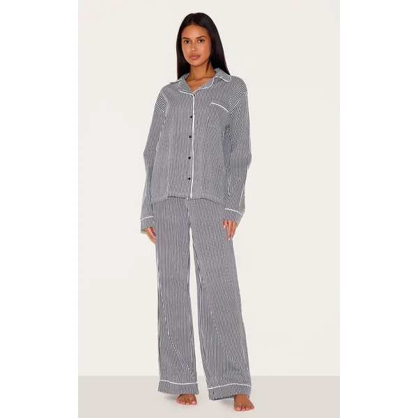 Navy Stripe Print Jersey Piping Detail Long Pj Set