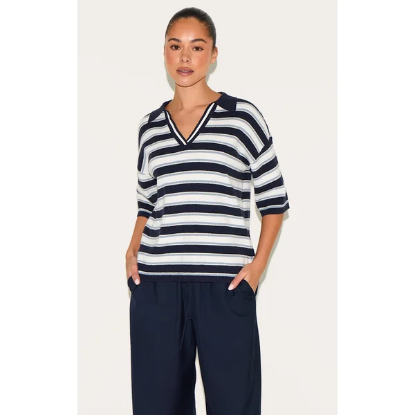 Navy Stripe Soft Knit V Neck Collar Polo Top