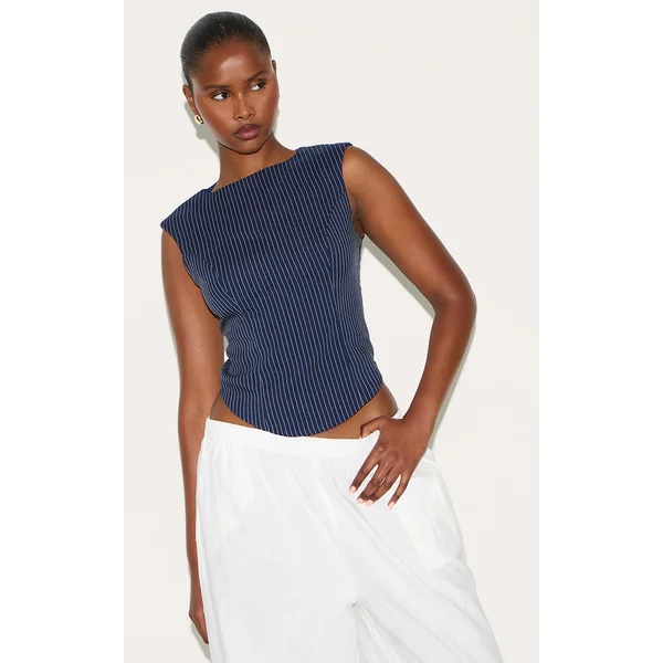 Navy Striped Cotton Tailored Sleeveless Top