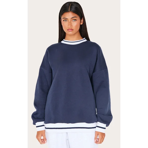 Navy Striped Ribbed Hem Oversized Sweatshirt