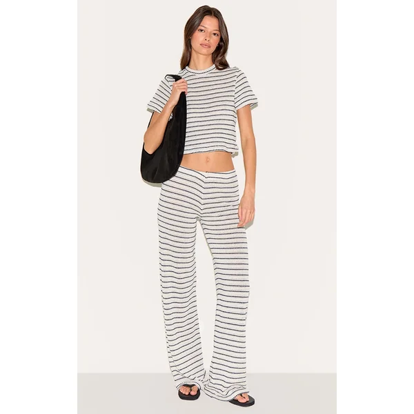 Navy Striped Textured Casual Pants