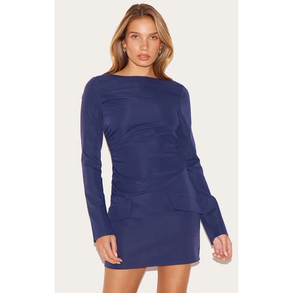 Navy Tailored Woven Ruched Detail Long Sleeve Bodycon Dress