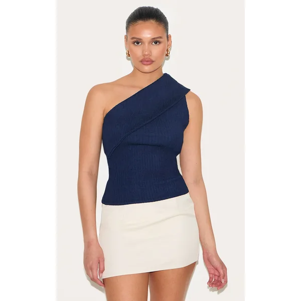 Navy Textured Fold Over One Shoulder Long Top