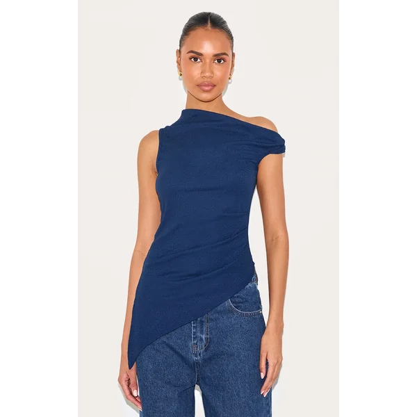 Navy Textured Rib Twist Detail Asymmetric Longline Top