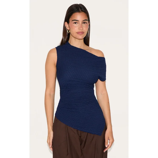 Navy Textured Ruched Asymmetric Long Top