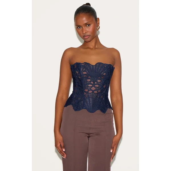 Navy Textured Sheer Floral Lace Corset