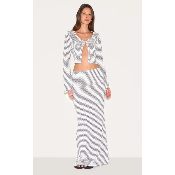 Navy Textured Striped Mid Rise Maxi Skirt