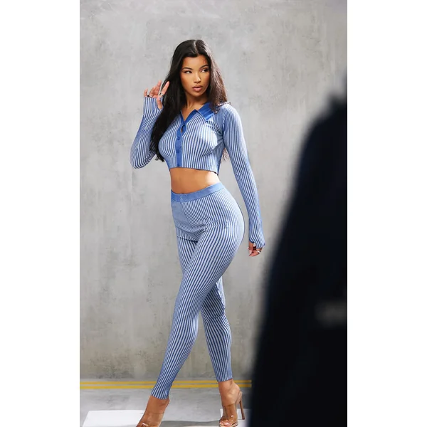 Navy Two Tone Knit High Waist Leggings