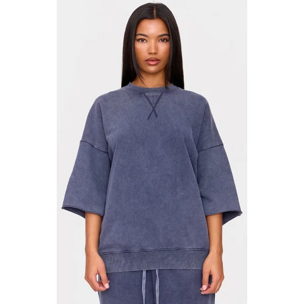 Navy Vintage Wash Oversized Short Sleeve Sweatshirt