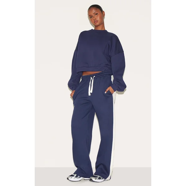 Navy Wide Leg Sweat Tape Detail Sweatpants