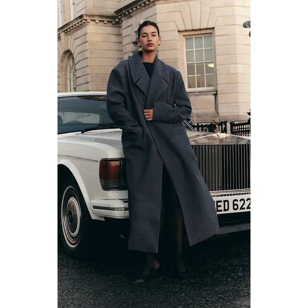 Navy Wool Look Double Breasted Oversized Maxi Coat