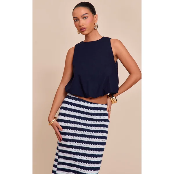 Navy Woven Bubble Hem Top