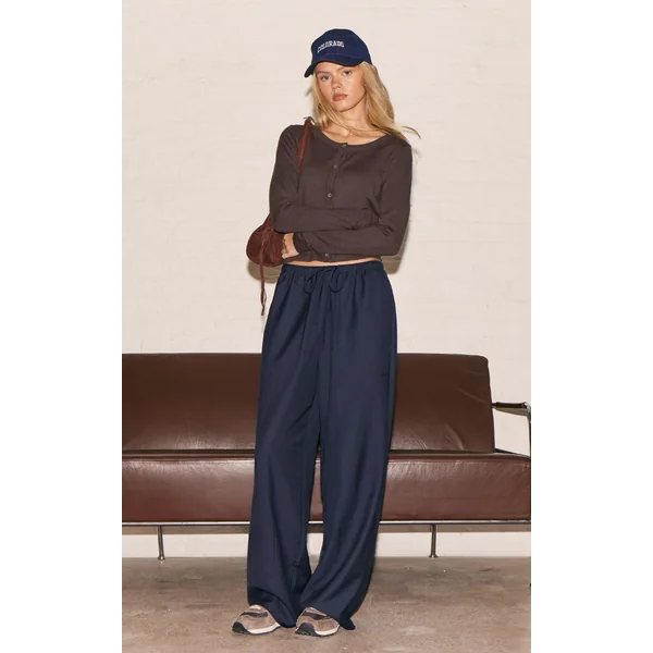 Navy Woven Drawstring Low Rise Relaxed Pants