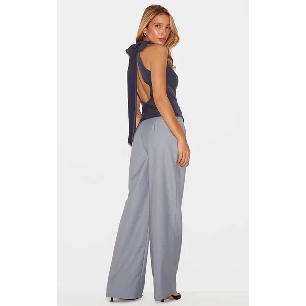 Navy Woven High Neck Tie Detail Top