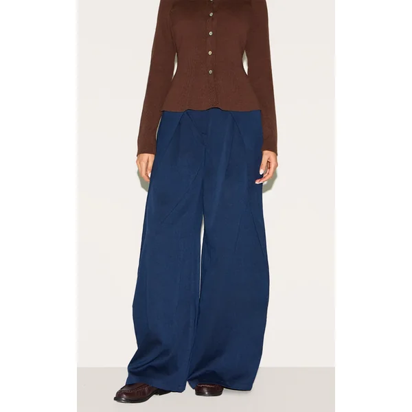 Navy Woven Pleat Detail Wide Leg Tailored Pants