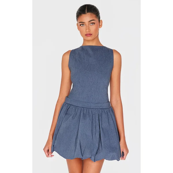 Navy Woven Racer Puffball Dress