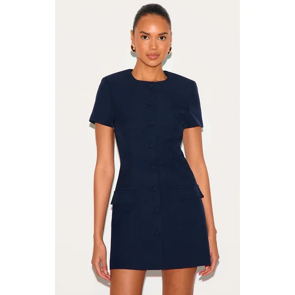Navy Woven Tailored Short Sleeve Mini Dress