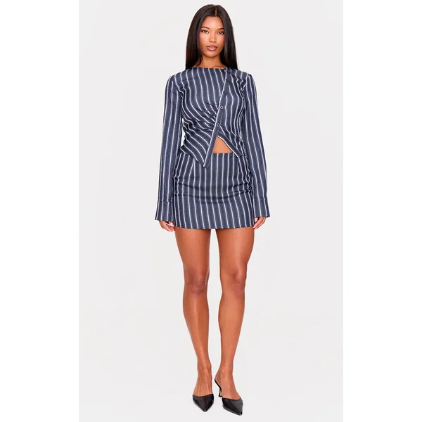 Navy Woven Tailored Striped Mid Rise Mini Skirt