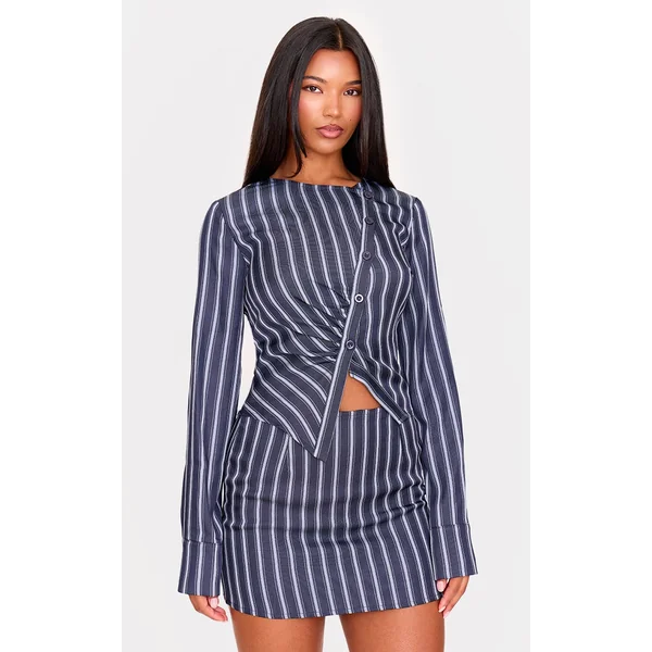 Navy Woven Tailored Striped Ruched Shirt