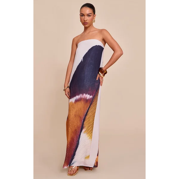 Nude Bandeau Feather Print Column Maxi Dress