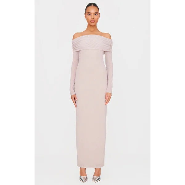 Nude Diamante Bardot Long Sleeve Maxi Dress