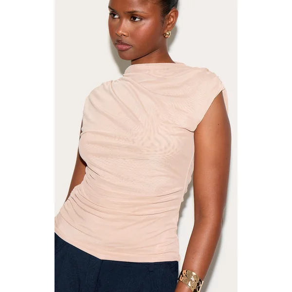 Nude Double Layer Mesh Ruched Detail Long Top