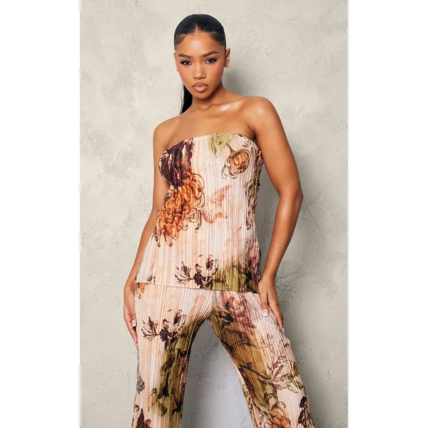 Nude Floral Plisse Longline Bandeau Top